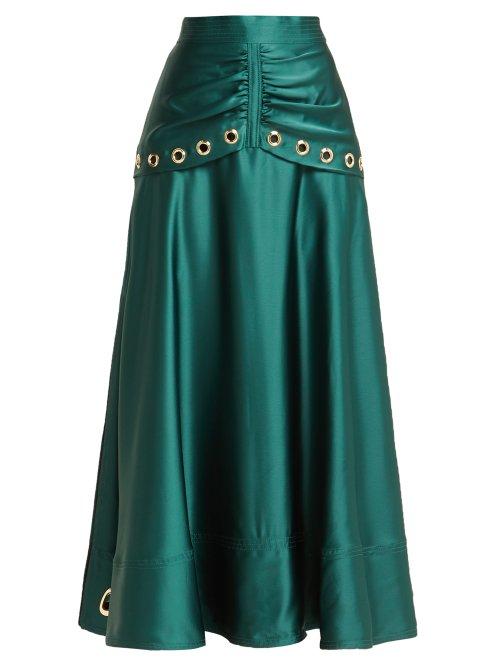 Matchesfashion.com Self-portrait - Eyelet Embellished Satin Midi Skirt - Womens - Dark Green