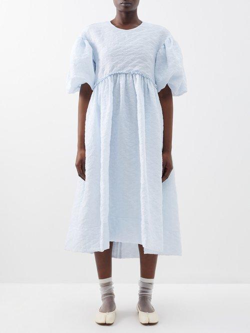 Simone Rocha - Puff-sleeve Floral-cloqu Midi Dress - Womens - Pale Blue