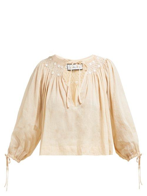 Matchesfashion.com Innika Choo - Floral Embroidered Smocked Ramie Top - Womens - Light Pink