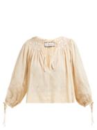 Matchesfashion.com Innika Choo - Floral Embroidered Smocked Ramie Top - Womens - Light Pink