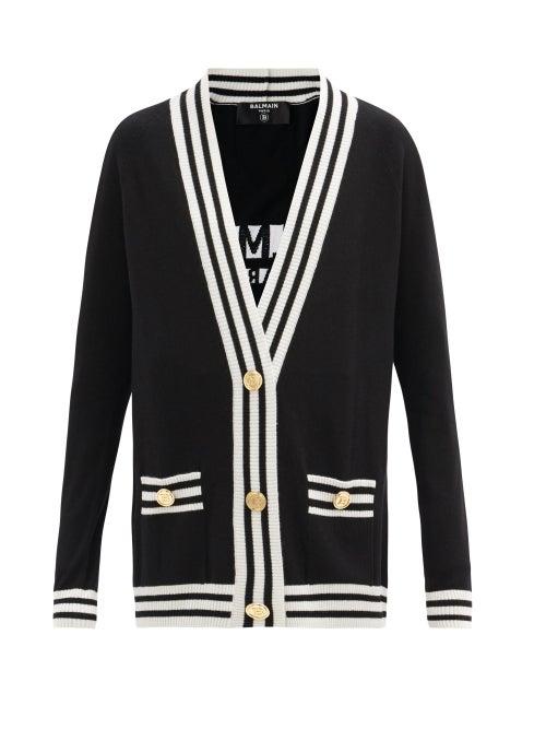 Matchesfashion.com Balmain - Logo-jacquard Striped Wool-blend Cardigan - Womens - Black Multi