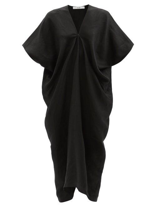 Co - V-neck Draped Linen Dress - Womens - Black