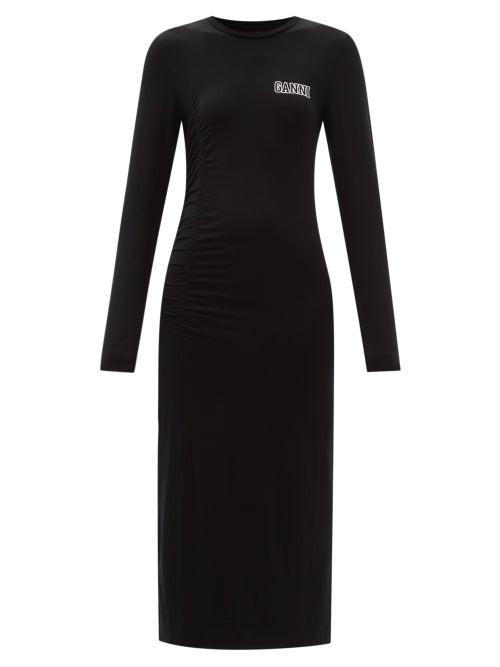 Ganni - Ruched Logo-print Jersey Midi Dress - Womens - Black