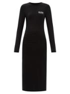 Ganni - Ruched Logo-print Jersey Midi Dress - Womens - Black
