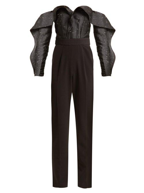 Matchesfashion.com Self-portrait - Off The Shoulder Jacquard And Crepe Jumpsuit - Womens - Black