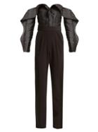 Matchesfashion.com Self-portrait - Off The Shoulder Jacquard And Crepe Jumpsuit - Womens - Black