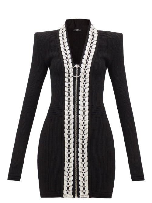 Balmain - Ring-embellished Ribbed-jersey Mini Dress - Womens - Black