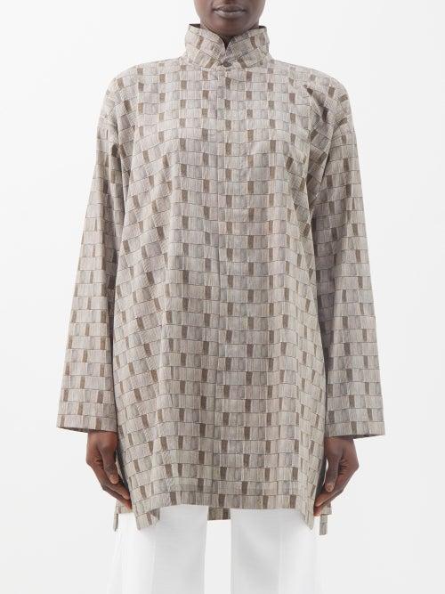 Eskandar - Stand Collar A-line Cotton-jacquard Shirt - Womens - Olive