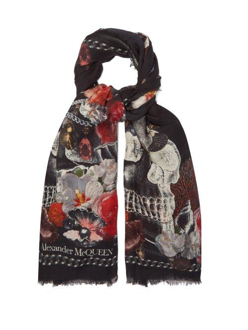 Matchesfashion.com Alexander Mcqueen - Skull And Seashell Print Scarf - Womens - Black