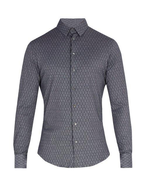 Matchesfashion.com Giorgio Armani - Single Cuff Diamond Print Cotton Shirt - Mens - Grey Multi