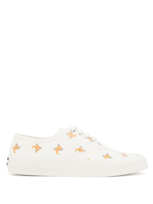 Matchesfashion.com Maison Kitsun - Fox Head-print Cotton-canvas Trainers - Mens - White Multi