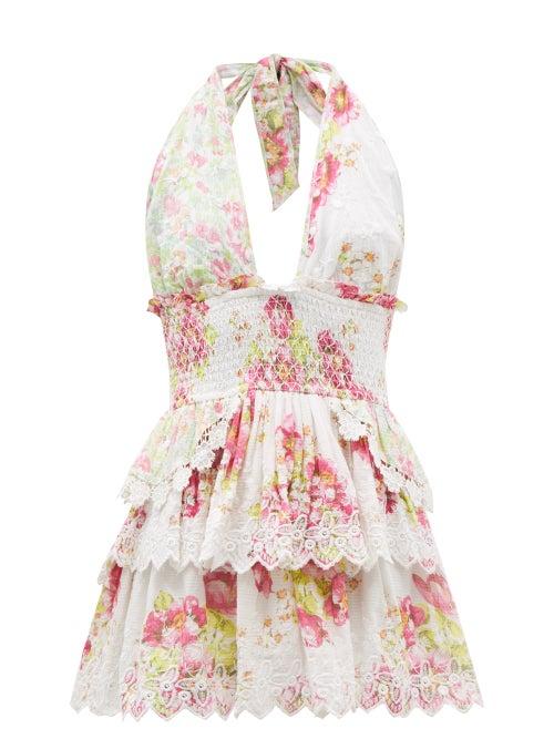 Ladies Beachwear Loveshackfancy - Deanna Halterneck Floral-print Cotton Mini Dress - Womens - Pink Multi