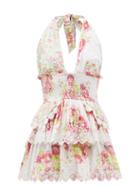 Ladies Beachwear Loveshackfancy - Deanna Halterneck Floral-print Cotton Mini Dress - Womens - Pink Multi