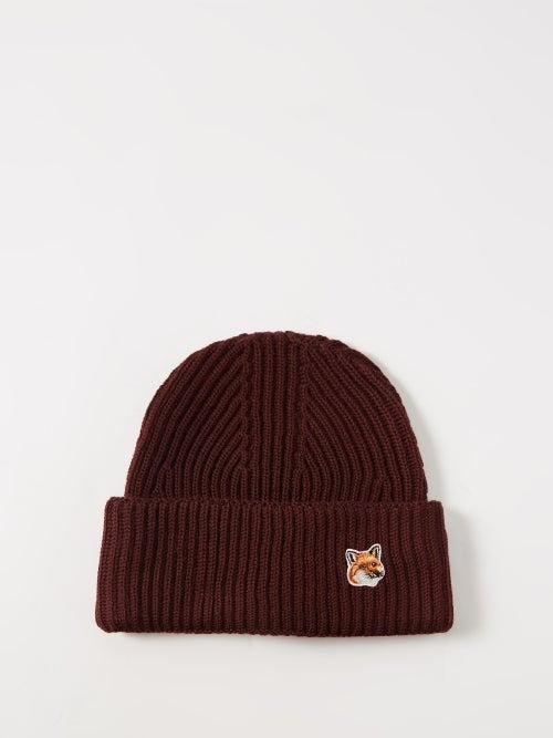 Maison Kitsun - Fox Head Ribbed-knit Wool Beanie - Mens - Burgundy