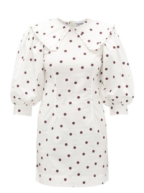 Matchesfashion.com Ganni - Sailor-collar Polka-dot Cotton Dress - Womens - White Multi
