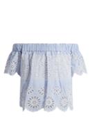 Sea Off-the-shoulder Striped Broderie-anglaise Top