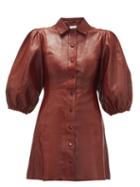 Matchesfashion.com Ganni - Balloon-sleeve Leather Mini Shirt Dress - Womens - Burgundy