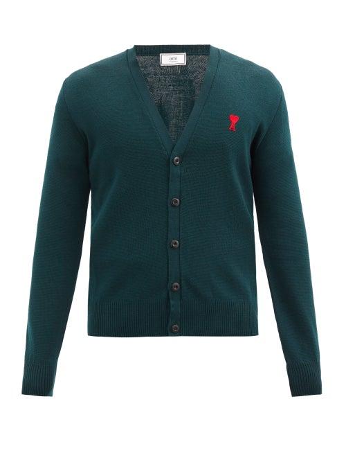 Matchesfashion.com Ami - Logo-embroidered Merino-wool Cardigan - Mens - Dark Green