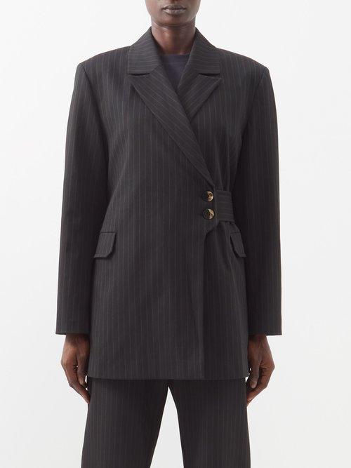 Ganni - Pinstriped Recycled Fibre-blend Twill Suit Jacket - Womens - Black