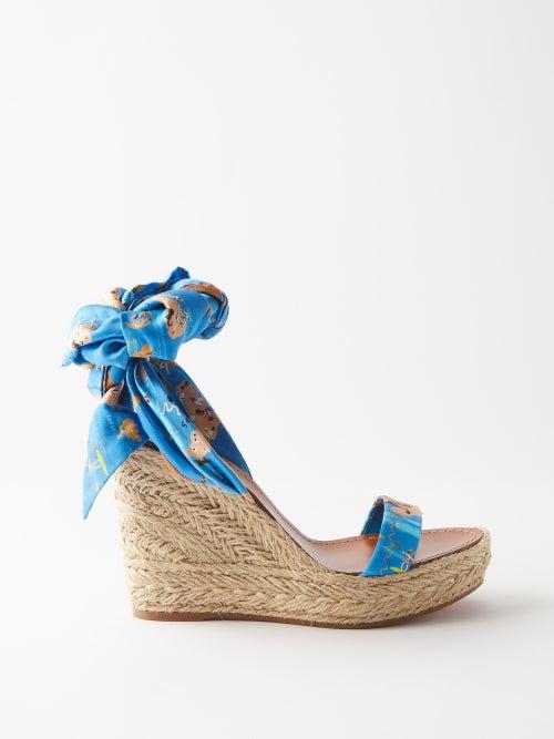 Christian Louboutin - Monica Du Desert 110 Printed Silk Wedge Sandals - Womens - Blue Multi
