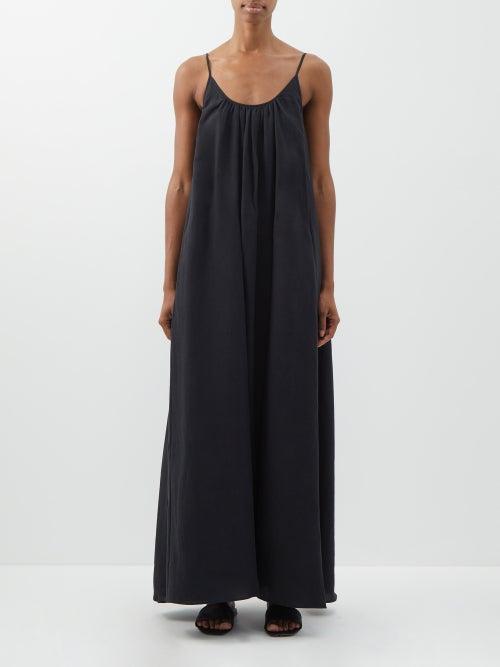 Another Tomorrow - Gathered Organic-linen Cambric Maxi Dress - Womens - Black
