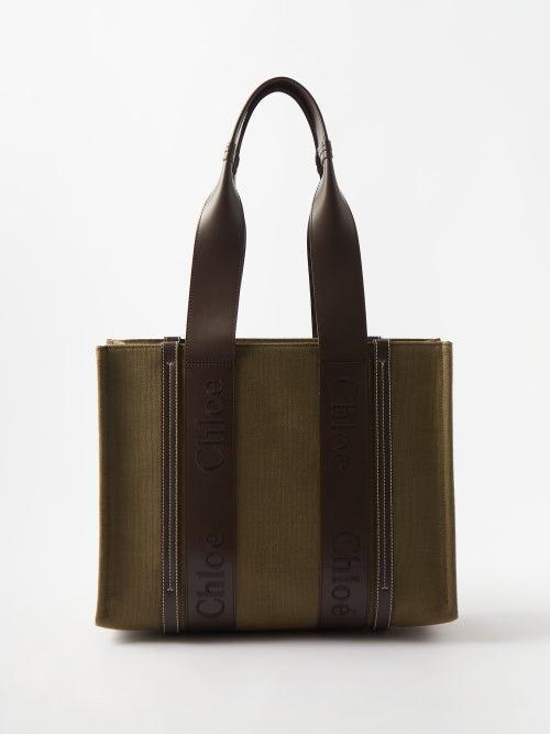Chlo - Woody Medium Linen-canvas Tote Bag - Womens - Dark Green