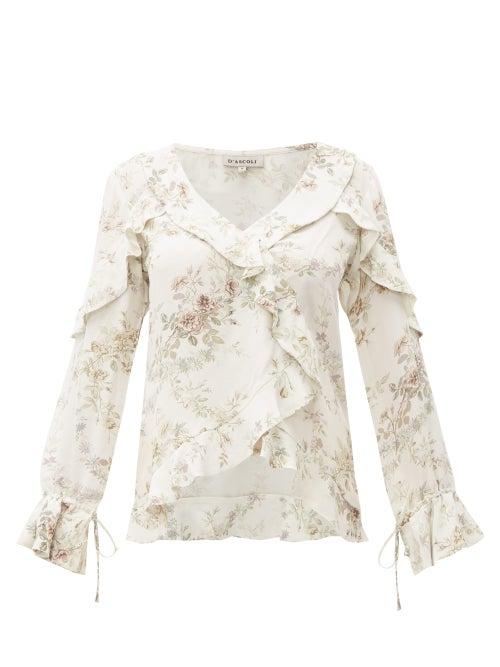 Matchesfashion.com D'ascoli - Bedford Floral Print Ruffle Trim Silk Top - Womens - Beige