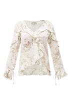 Matchesfashion.com D'ascoli - Bedford Floral Print Ruffle Trim Silk Top - Womens - Beige