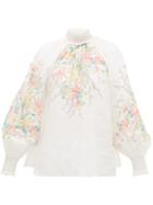 Matchesfashion.com Zimmermann - Zinnia Balloon-sleeve Floral-print Linen Blouse - Womens - Ivory Multi