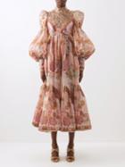 Zimmermann - Kaleidoscope Floral-print Linen-blend Midi Dress - Womens - Pink Multi