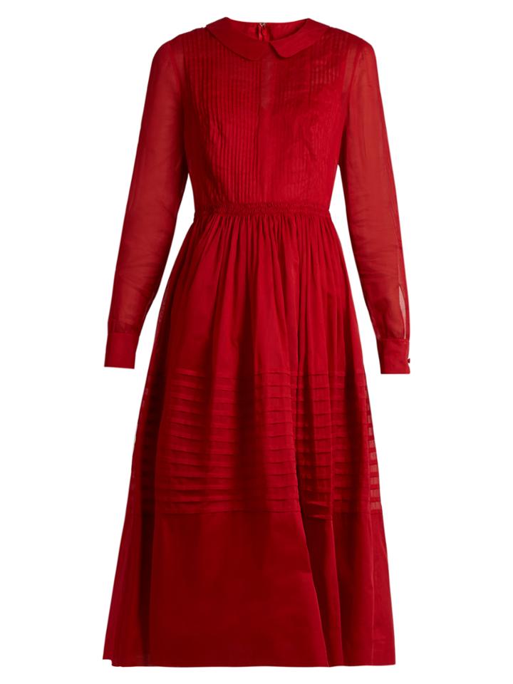 Valentino Long-sleeved Pleated Cotton-organza Dress