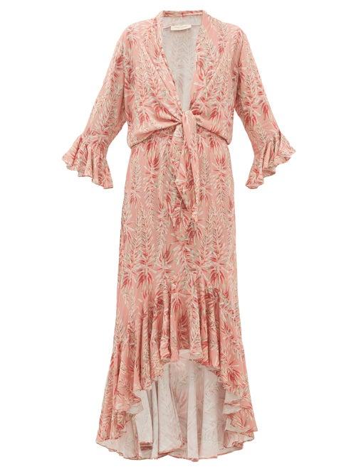 Matchesfashion.com Adriana Degreas - Aloe Print Tie Front Twill Dress - Womens - Pink Print