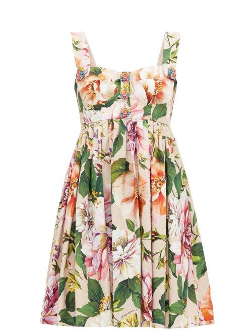 Matchesfashion.com Dolce & Gabbana - Pleated Floral-print Cotton Mini Dress - Womens - Pink Print