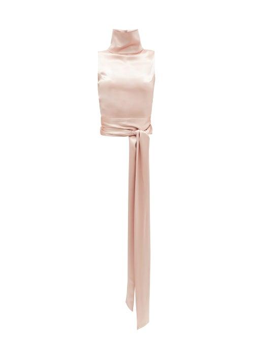 Matchesfashion.com Galvan - Luna High-neck Sash-waist Satin Blouse - Womens - Light Pink