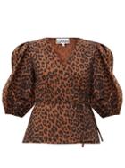 Matchesfashion.com Ganni - Balloon-sleeve Leopard-print Cotton Wrap Top - Womens - Leopard