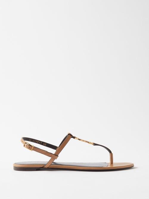 Saint Laurent - Cassandra Ysl Leather Flat Sandals - Womens - Gold