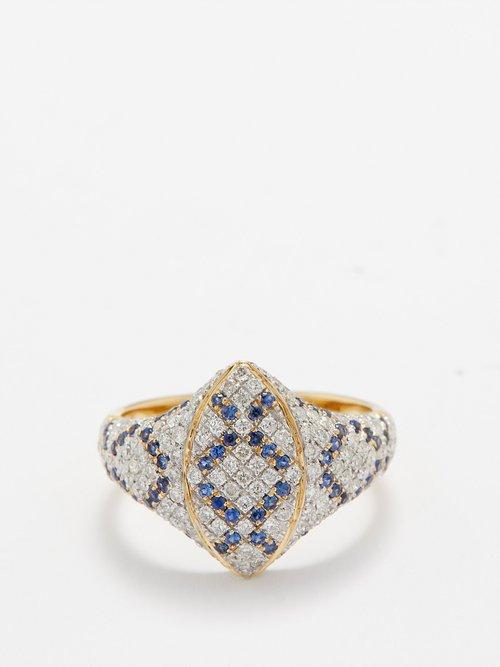 Yvonne Leon - Signet Diamond, Sapphire & 9kt Gold Ring - Womens - Blue Multi