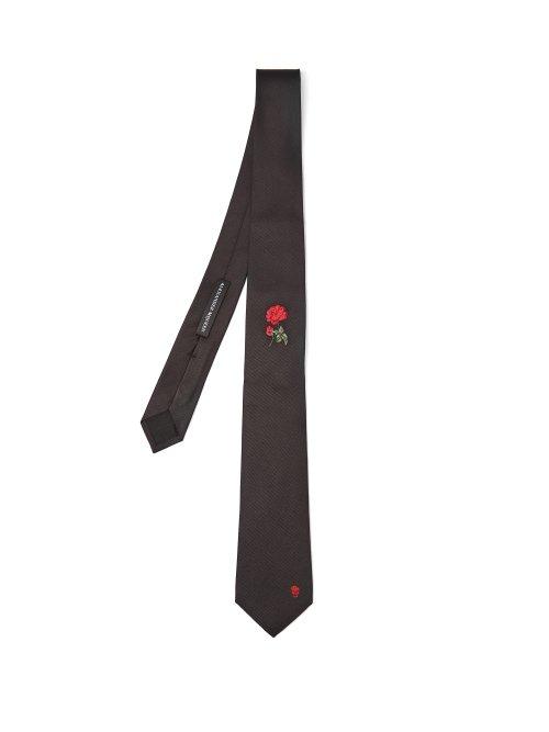 Matchesfashion.com Alexander Mcqueen - Rose Embroidered Skull Tie - Mens - Black Red