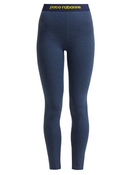 Matchesfashion.com Paco Rabanne - Logo Jacquard Trimmed Leggings - Womens - Dark Blue