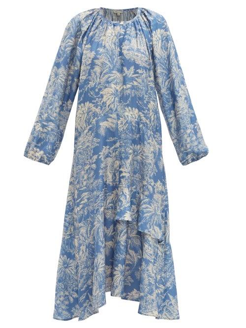 Matchesfashion.com Belize - Harper Tropical Print Satin Midi Dress - Womens - Blue Print