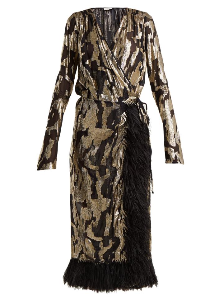 Attico Ostrich Feather-trimmed Silk-blend Wrap Dress