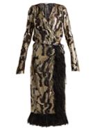 Attico Ostrich Feather-trimmed Silk-blend Wrap Dress