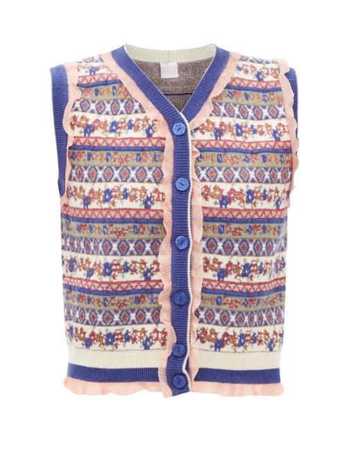 Loretta Caponi - Hodei Ruffled Wool-blend Fair Isle Cardigan Vest - Womens - Blue Multi