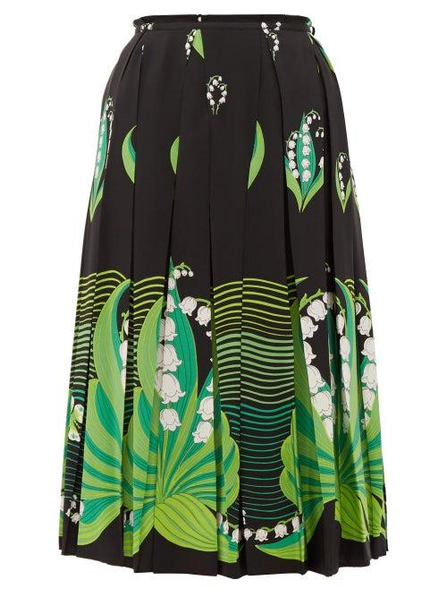 Matchesfashion.com Valentino - Lily Of The Valley Print Pleated Silk Skirt - Womens - Black Multi