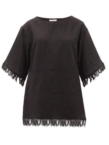 Matchesfashion.com Fil De Vie - Riad Fringed Linen-poplin T-shirt - Womens - Black
