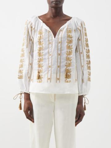 Nili Lotan - Geneve Embroidered Ramie Blouse - Womens - Ivory