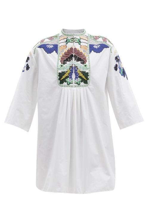 Matchesfashion.com Valentino - Arazzo-embroidered Cotton-poplin Tunic Dress - Womens - White Multi