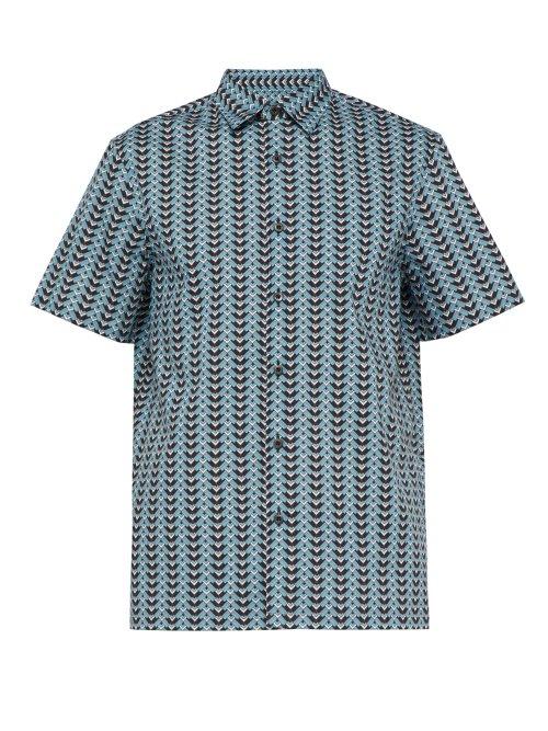 Matchesfashion.com Prada - Chevron Print Short Sleeved Cotton Shirt - Mens - Blue Multi