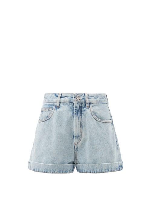 Matchesfashion.com Alessandra Rich - Crystal-button High-rise Acid-washed Denim Shorts - Womens - Light Blue