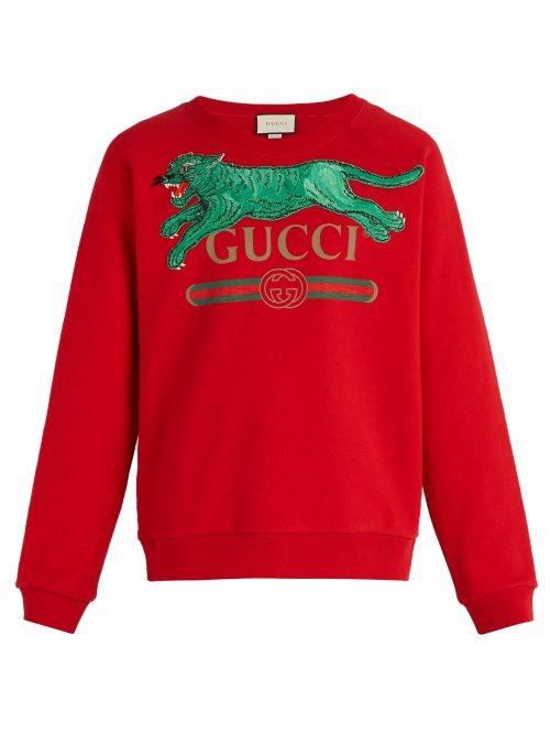 Matchesfashion.com Gucci - Jumping Tiger Appliqu Crew Neck Cotton Sweatshirt - Mens - Red